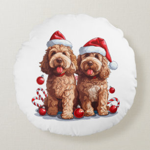 Christmas Goldendoodle Dogs Round Pillow