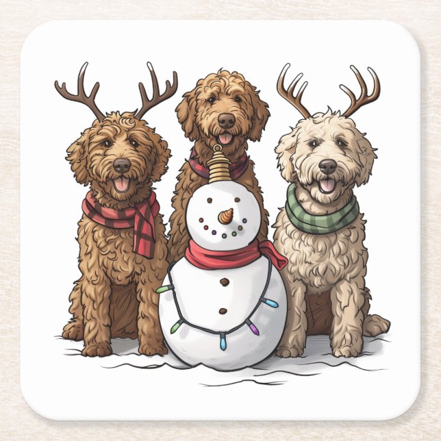 Christmas Goldendoodle Dogs Square Paper Coaster (Front)