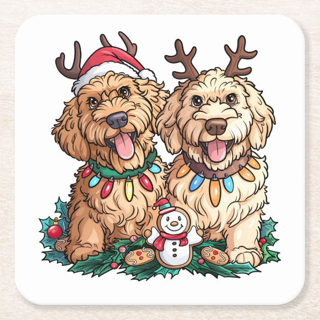 Christmas Goldendoodle Dogs Square Paper Coaster (Front)