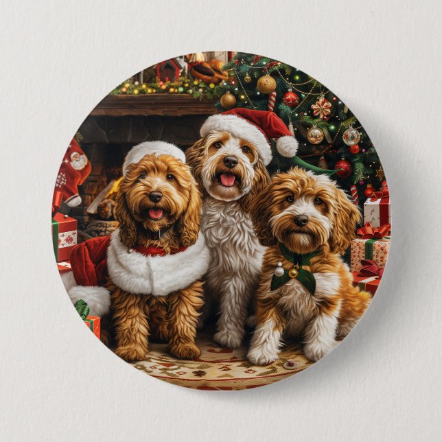 Christmas Goldendoodle Puppy Dogs 3 Inch Round Button (Front)