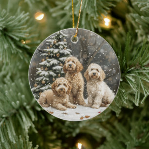 Christmas Goldendoodle Puppy Dogs Ceramic Ornament