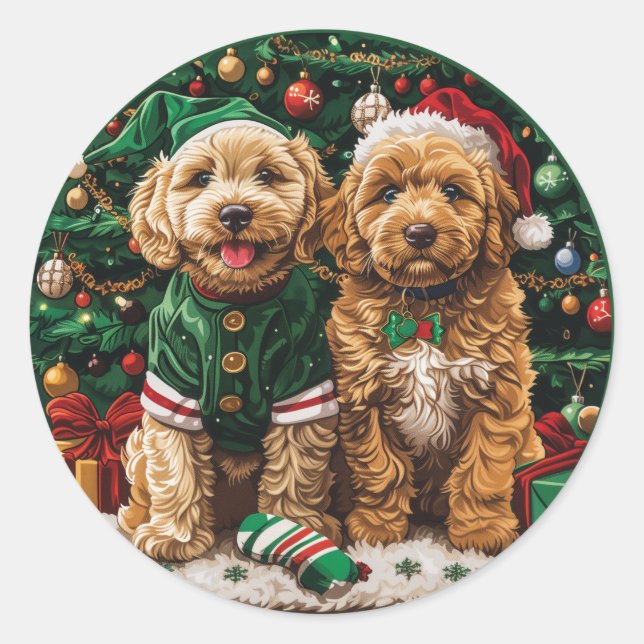Christmas Goldendoodle Puppy Dogs Classic Round Sticker (Front)