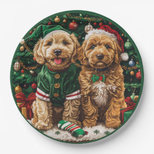 Christmas Goldendoodle Puppy Dogs Paper Plate