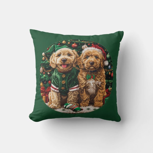 Christmas Goldendoodle Puppy Dogs Throw Pillow (Front)