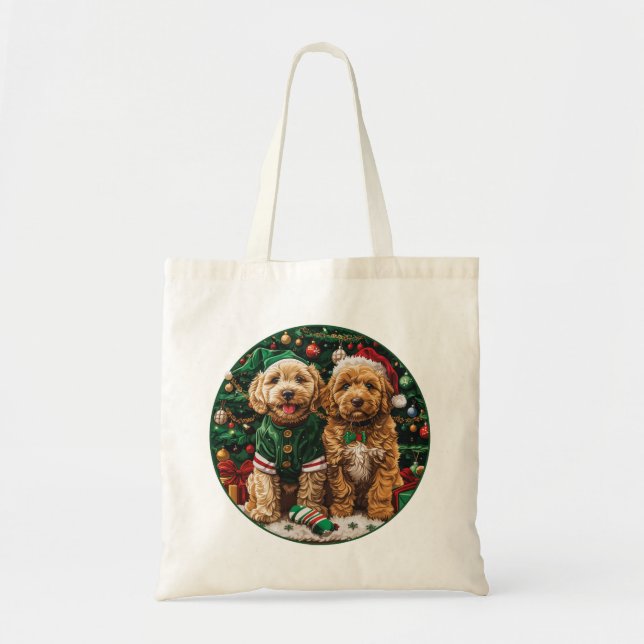 Christmas Goldendoodle Puppy Dogs Tote Bag (Front)