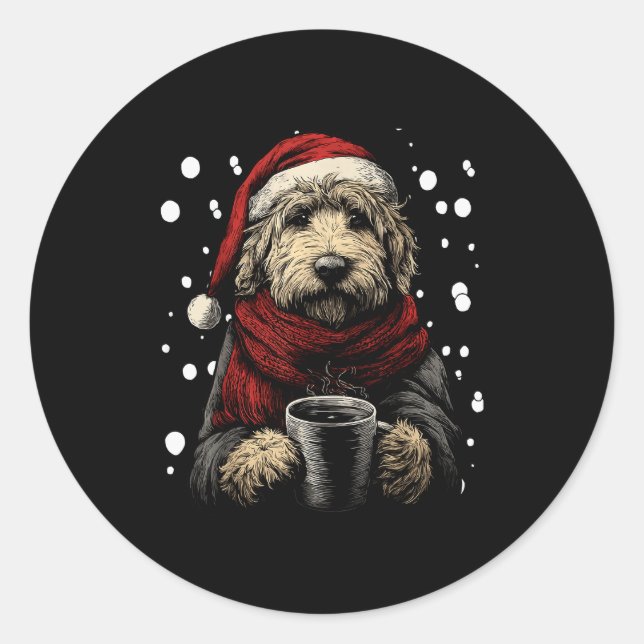 Christmas Goldendoodle Santa Hat Coffee Lover Funn Classic Round Sticker (Front)