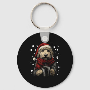 Christmas Goldendoodle Santa Hat Coffee Lover Funn Keychain