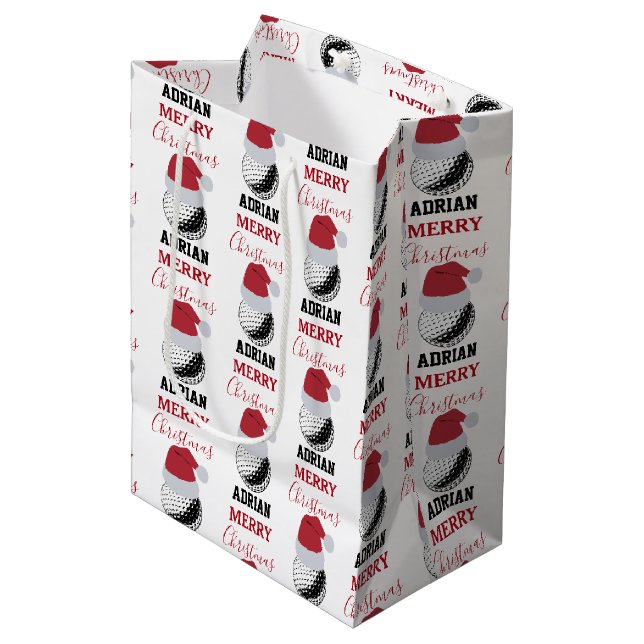 Christmas Golf Ball Sports Custom Name Medium Gift Bag (Front Angled)