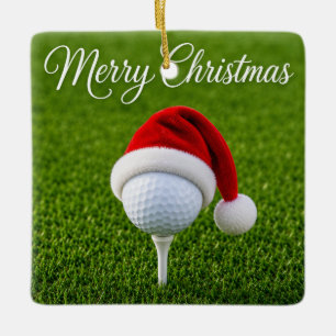 Christmas Golf Ball with Santa Hat on Tee on Green Ceramic Ornament