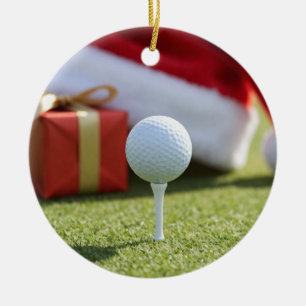 Christmas Golf Ball with Santa Hat on Tee on Green Ceramic Ornament