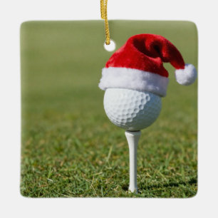 Christmas Golf Ball with Santa Hat on Tee on Green Ceramic Ornament