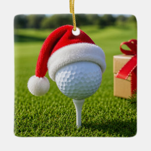 Christmas Golf Ball with Santa Hat on Tee on Green Ceramic Ornament