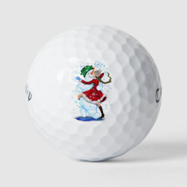 Christmas Golf Balls Gift Snowman and Girl Dance (Front)