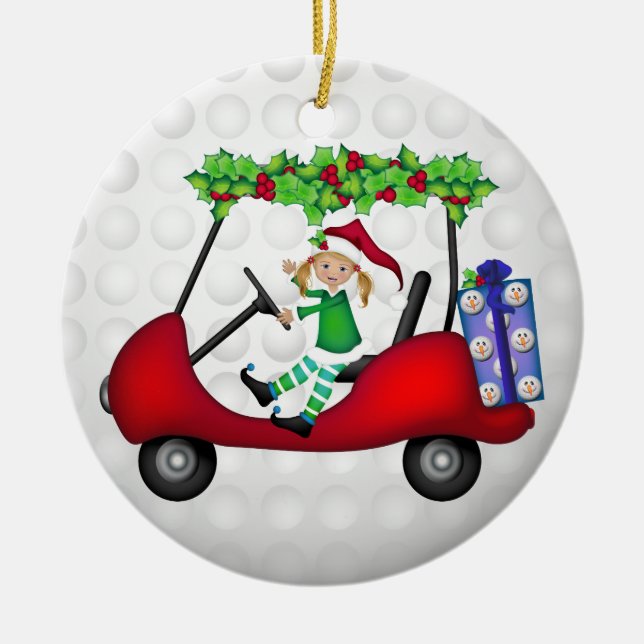 Christmas Golf Cart with Elf 1 Ceramic Ornament (Front)