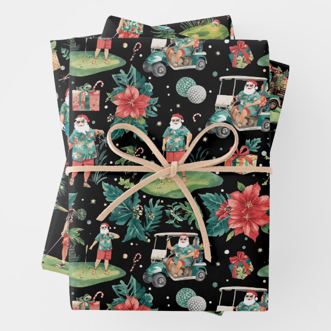 Christmas Golf Summer Santa Watercolor Pattern  Wrapping Paper Sheet (In situ)