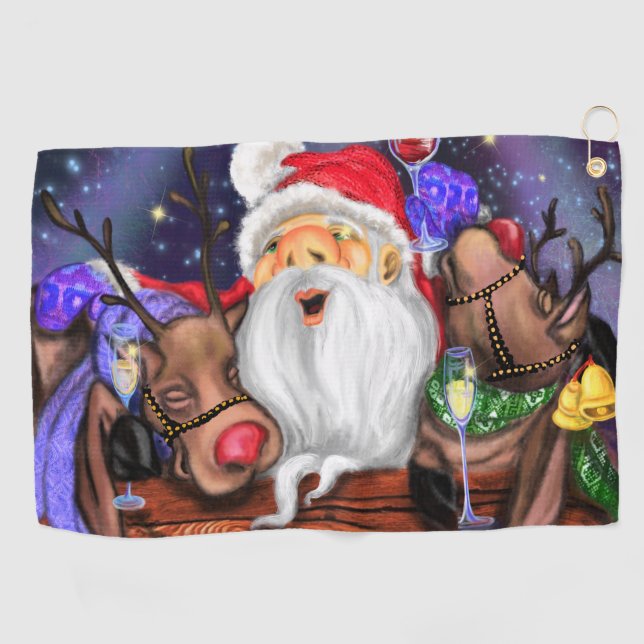 Christmas Golf Towel Santa and Reindeers Fun (Horizontal)