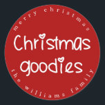 Christmas Goodies - Personalized Red Classic Round Sticker<br><div class="desc">NewParkLane - Red stickers with quote 'Christmas Goodies' in a cute hand lettered white typography. The letter i has a heart. Add your own name or other text in the easy-to-use text templates, for a personalized design and choose the background colour of your liking. A perfect design for packaging or...</div>