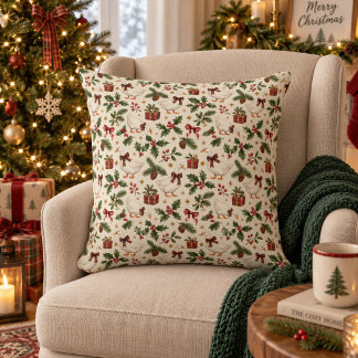 Christmas Goose Evergreens Holly Botanicals Throw Pillow