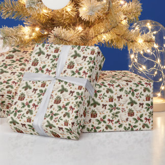 Christmas Goose Evergreens Holly Botanicals Wrapping Paper