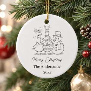 Christmas Goose Family Doodle black white modern Ceramic Ornament