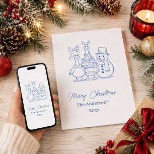 Christmas Goose Family Doodle blue modern Holiday Card
