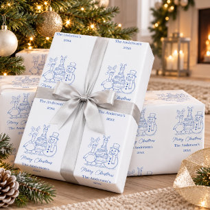 Christmas Goose Family Doodle blue modern Wrapping Paper
