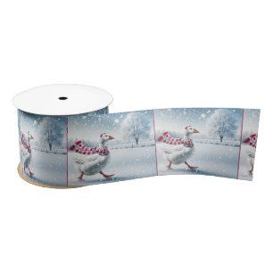 Christmas Goose Walking in Snowflakes Satin Ribbon