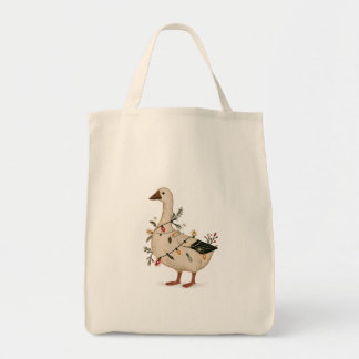 Christmas Goose with String Lights and Greenery Tote Bag