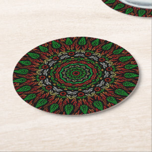 Christmas Gothic Stained Glass Leaves Mandala  Round Paper Coaster