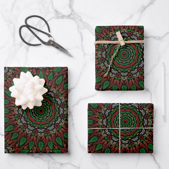 Christmas Gothic Stained Glass Leaves Mandala Wrapping Paper Sheet (Front)