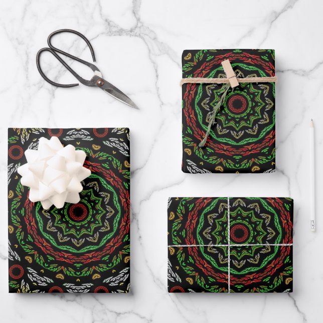 Christmas Gothic Stained Glass Leaves Mandala Wrapping Paper Sheet (Front)