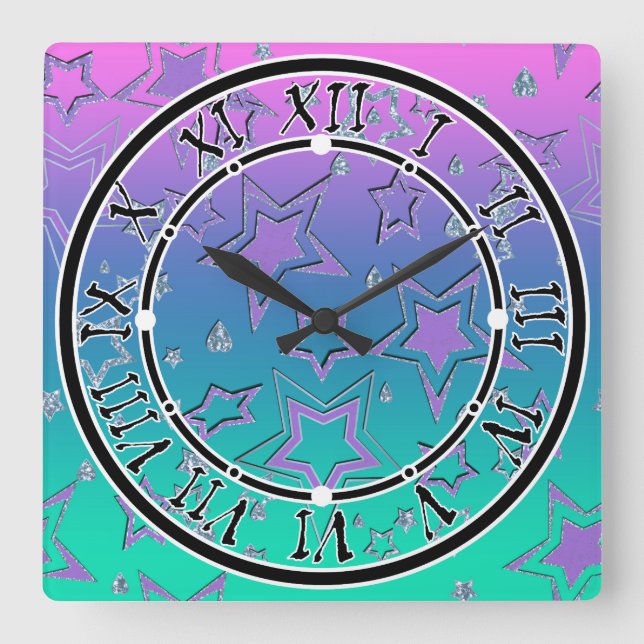 Christmas gradient glitter shine confetti stars fu square wall clock (Front)