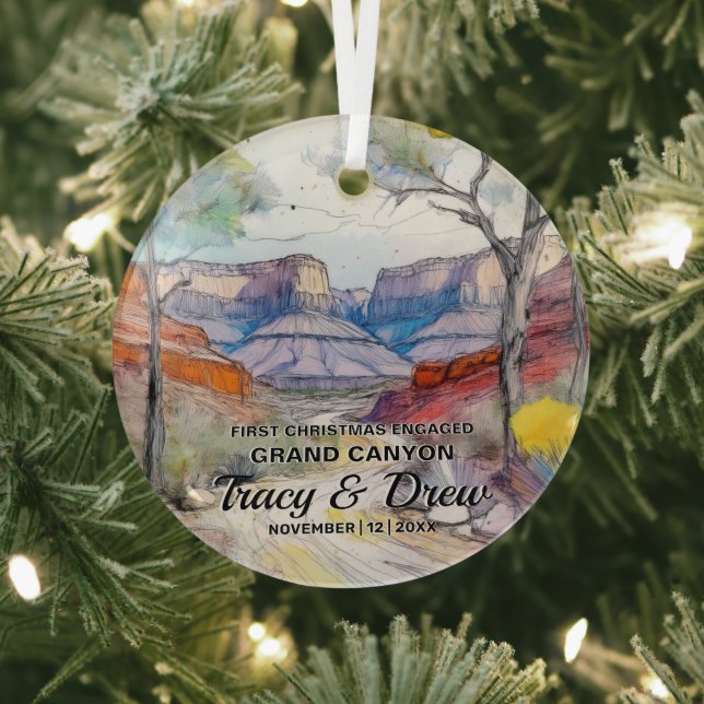 Christmas Grand Canyon Adventure Engaged Couple Glass Ornament (Insitu)