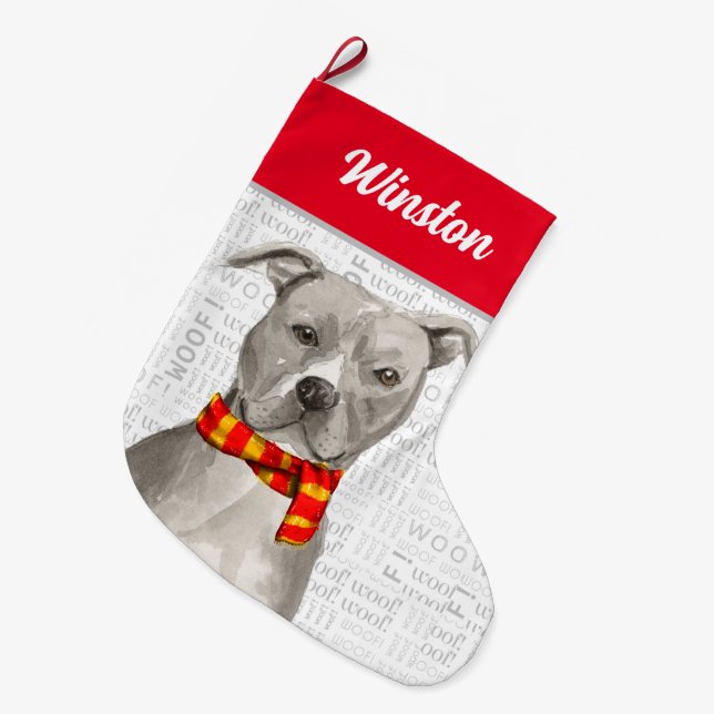 Christmas Gray Pit with Dog's Name Large Christmas Stocking (Front (Hanging))