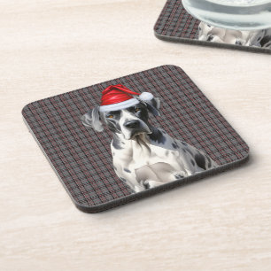 Christmas Great Dane Dog Red Plaid Holiday Coaster