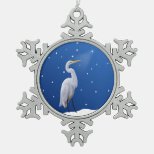 Christmas, Great Egret, Star Snowflake Pewter Christmas Ornament