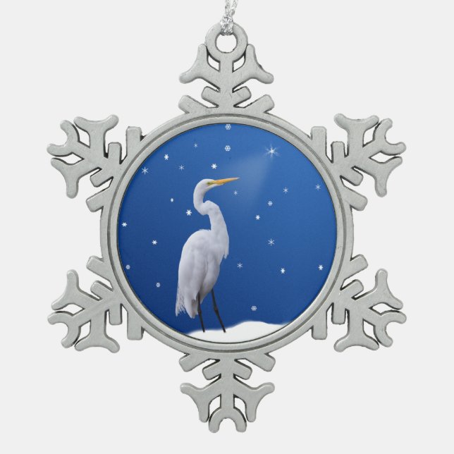Christmas, Great Egret, Star Snowflake Pewter Christmas Ornament (Front)