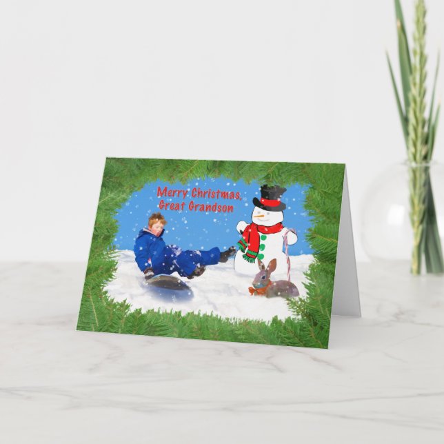Christmas, Great Grandson, Boy on Sled, Snowman Holiday Card (Front)
