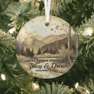 Christmas Great Smoky Mountains Art Couple Married Glass Ornament