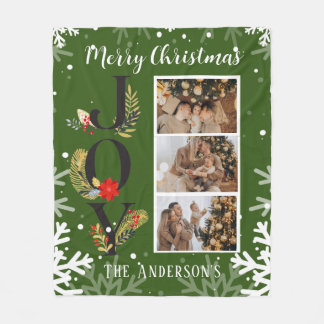 Christmas Green 3 Photo Collage Joy Fleece Blanket