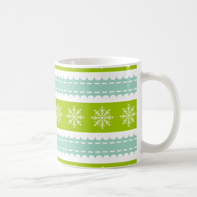 Christmas Green and Blue Stripes With Snowflakes Coffee Mug (Right)