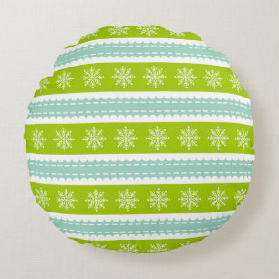 Christmas Green and Blue Stripes With Snowflakes Round Pillow