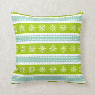 Christmas Green and Blue Stripes With Snowflakes Throw Pillow