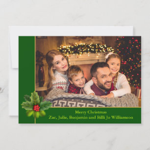 Christmas Green and Gold Frame With Holly Photo Holiday Card