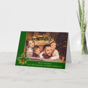 Christmas Green and Gold Frame With Holly Photo Holiday Card