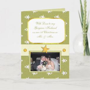 Christmas green and gold with stars and photo holiday card