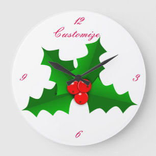 Christmas Green and red holly Thunder_Cove Large Clock