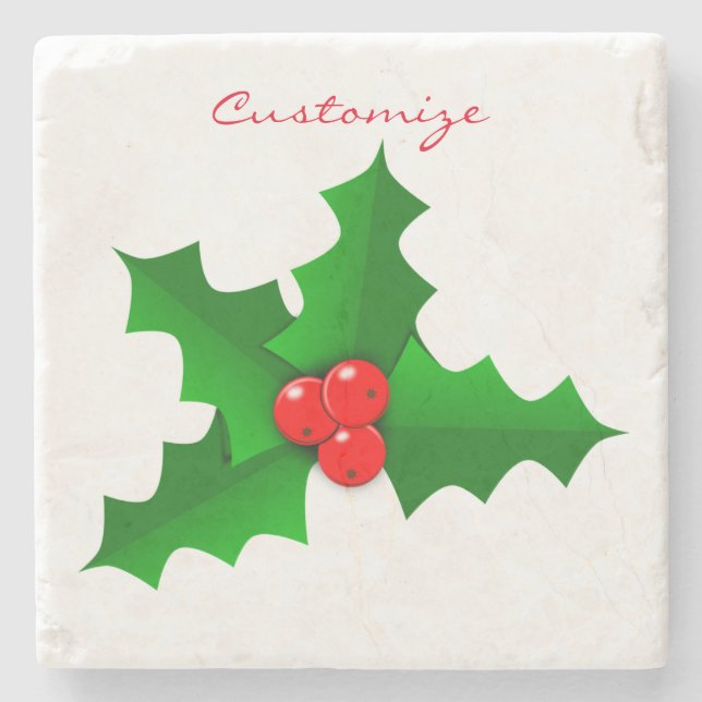 Christmas Green and red holly Thunder_Cove Stone Coaster (Front)