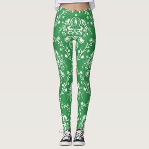 Christmas Green and White Damask Leggings