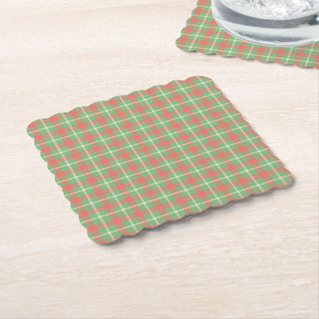 Christmas Green-Based Plaid Paper Coaster (Angled)